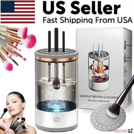 Makeup brush cleaner with packaging and accessories, labeled as a US seller with fast shipping.