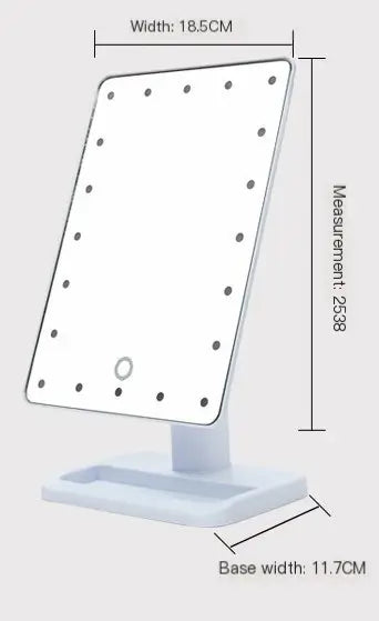 White makeup mirror with LED and measurements on a light gray background