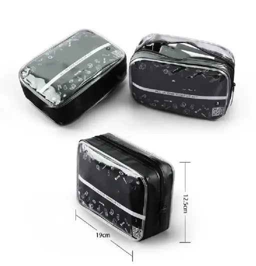 Three black travel pouches with measurements on a white background