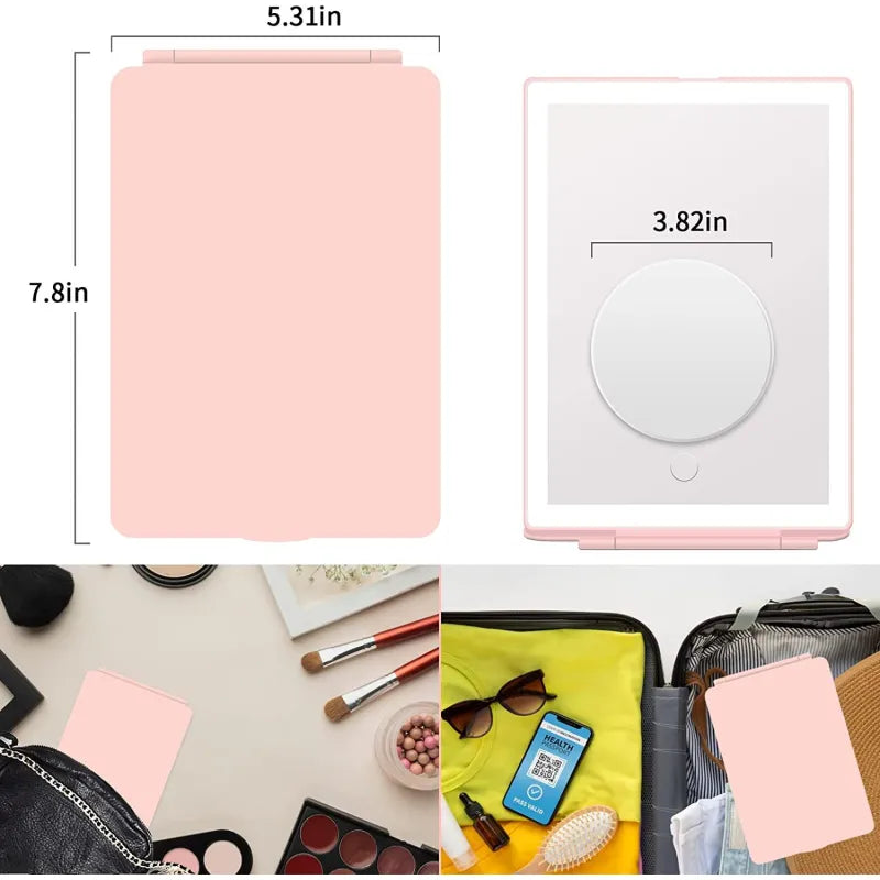 Pink makeup organizer with dimensions and usage scenarios on a white background