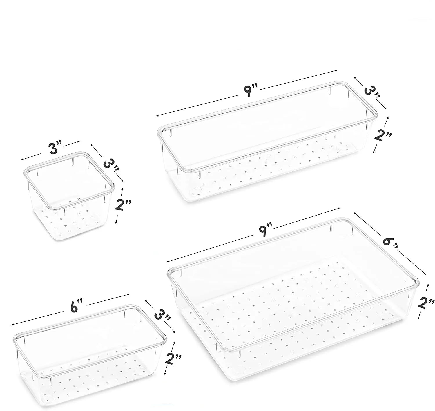 Set of white plastic trays with dimensions labeled on a white background