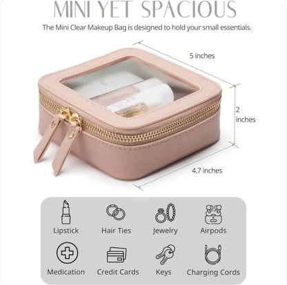 Pink clear makeup bag with dimensions and product capacity icons on a white background