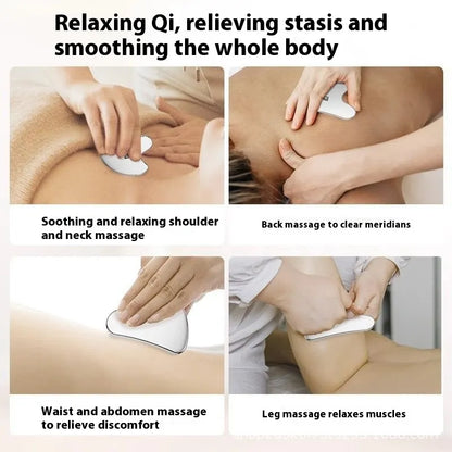 Massage device being used on various parts of the body with text describing its effects.