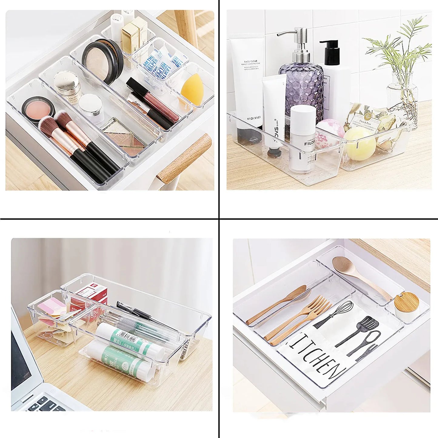 Clear acrylic drawer organizers used for makeup, bathroom products, stationery, and kitchen utensils.