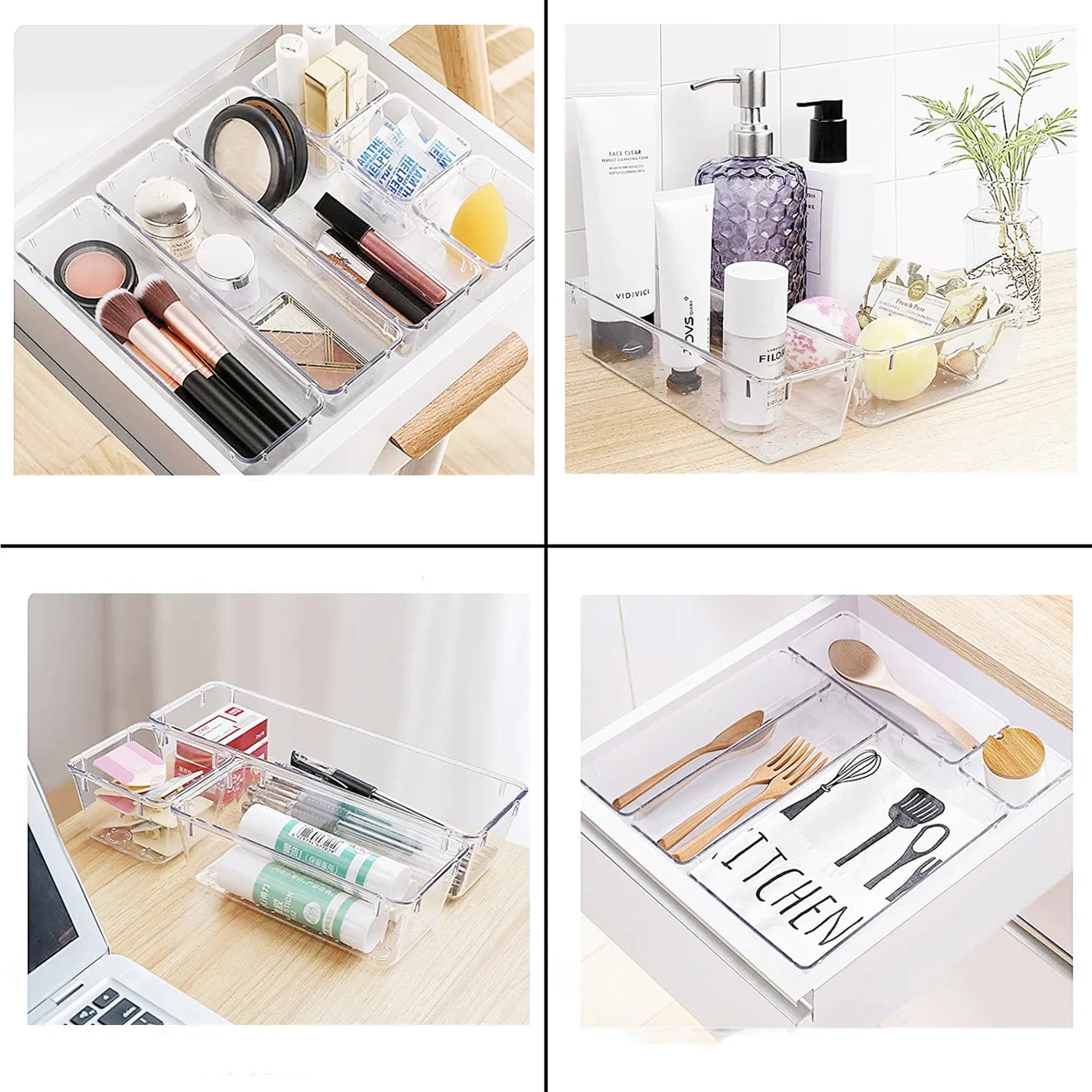 Clear acrylic drawer organizers used for makeup, bathroom products, stationery, and kitchen utensils.