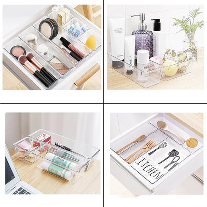 Clear acrylic drawer organizers used for makeup, bathroom products, stationery, and kitchen utensils.