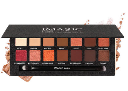 Makeup palette with various shades of eyeshadows and names on a white background