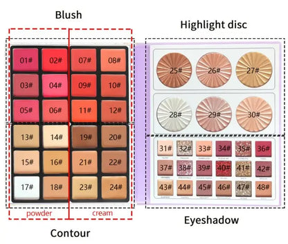 Color swatch chart for blush, highlight disc, and eyeshadow with various shades.