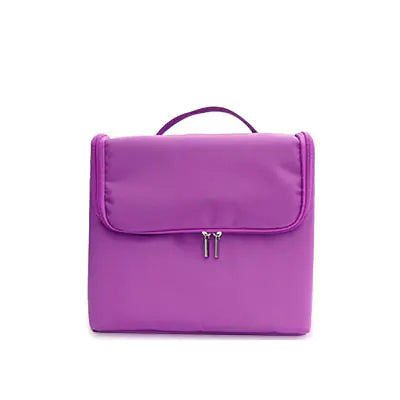 Purple makeup organizer bag on a white background