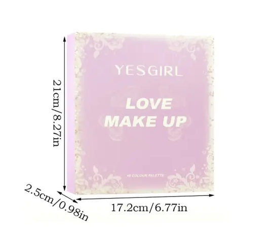 Pink makeup pouch with 'YESGIRL' and 'LOVE MAKE UP' text, dimensions indicated.