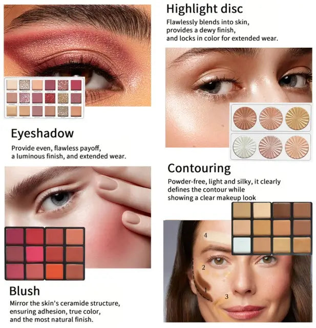 4 applications in 1 makeup kit - highlight disc, eyeshadow, contouring, and blush