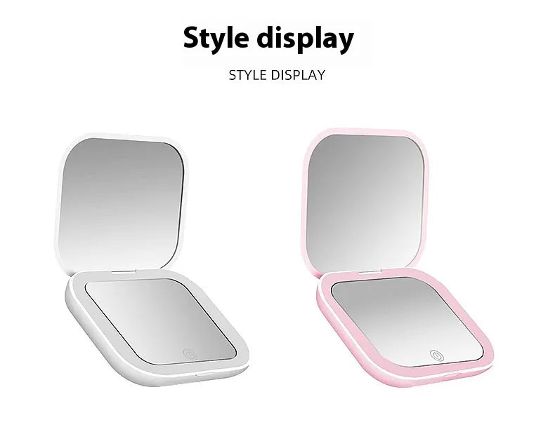 Two compact mirrors, one white and one pink, on a white background with 'STYLE DISPLAY' text.
