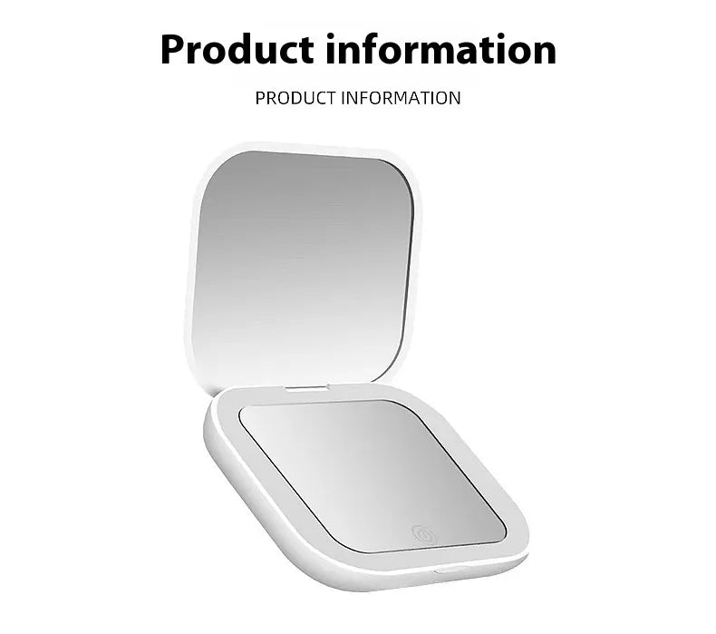 White handheld compact mirror with a reflective surface on a white background