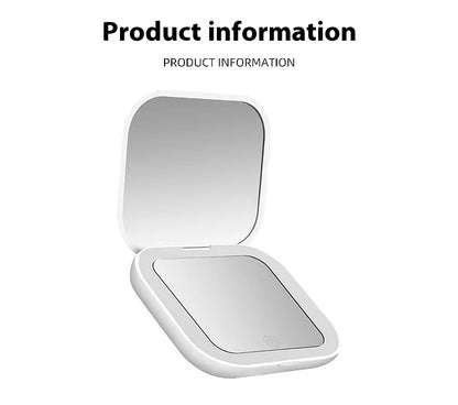 White handheld compact mirror with a reflective surface on a white background