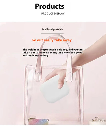 Small portable product being held in a pink bag with text highlighting its portability.