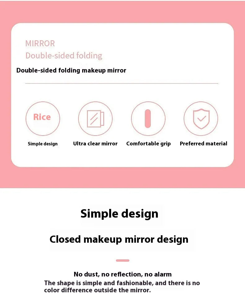 Product description of a double-sided folding makeup mirror with features listed on a pink background.