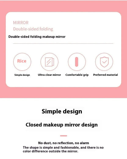 Product description of a double-sided folding makeup mirror with features listed on a pink background.