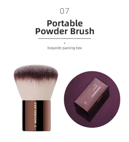 Portable powder brush with 7 Hourglass packaging on a white background