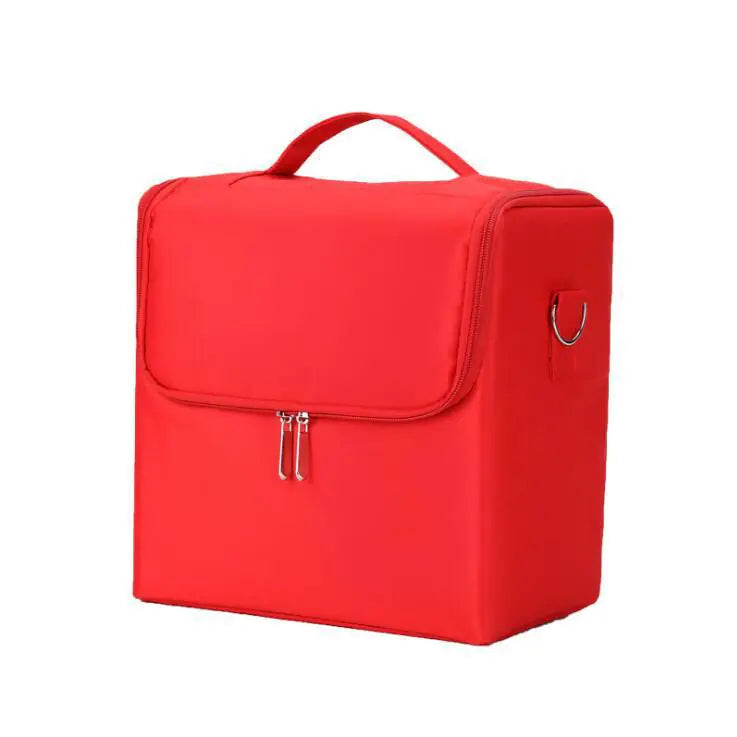 Red makeup organizer bag with a handle on a white background