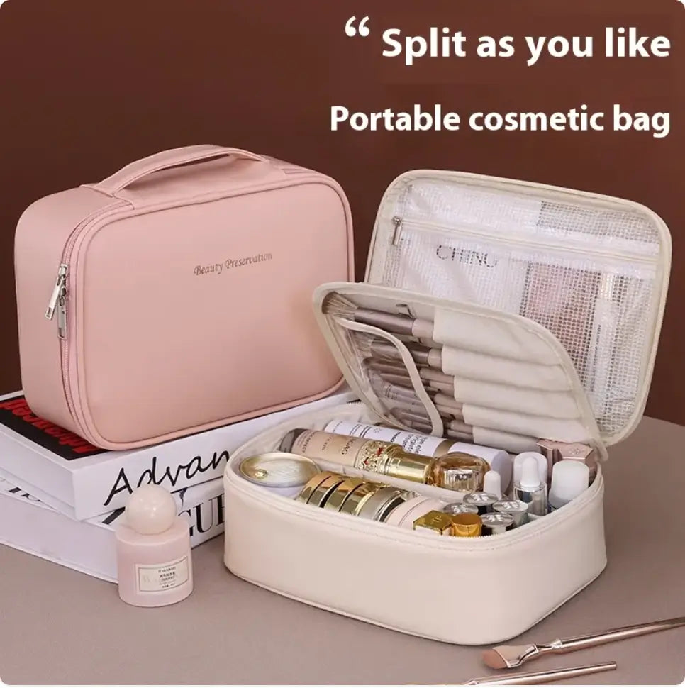 Portable cosmetic bag with beauty products on a brown background