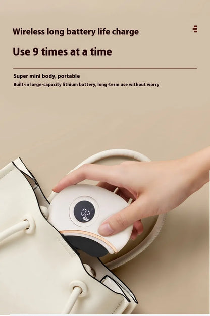 Hand holding a small electronic device with text about wireless long battery life charge on a beige background