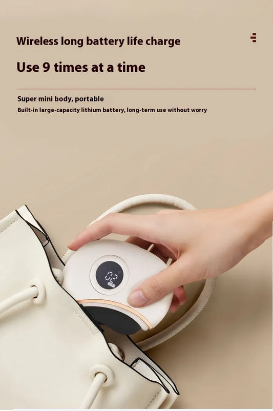 Hand holding a small electronic device with text about wireless long battery life charge on a beige background