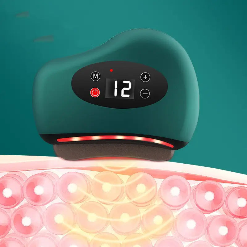 Green gua sha electronic device with digital display on a teal background