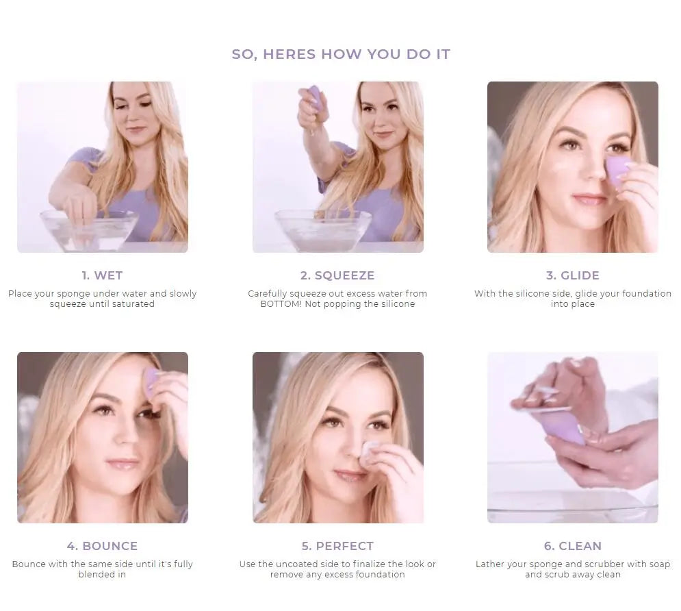 Step-by-step guide on using a facial sponge with images of a woman performing each step.