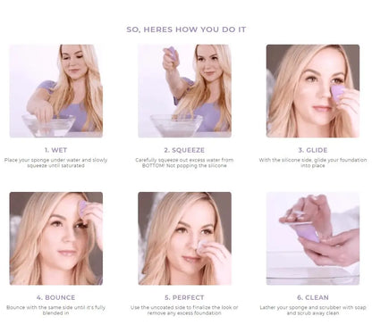 Step-by-step guide on using a facial sponge with images of a woman performing each step.