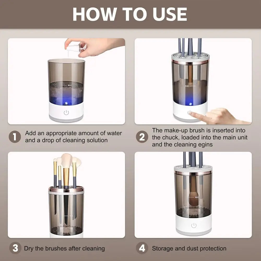 Instructions on how to use a makeup brush cleaning device with step-by-step illustrations.
