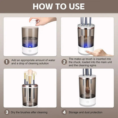 Instructions on how to use a makeup brush cleaning device with step-by-step illustrations.