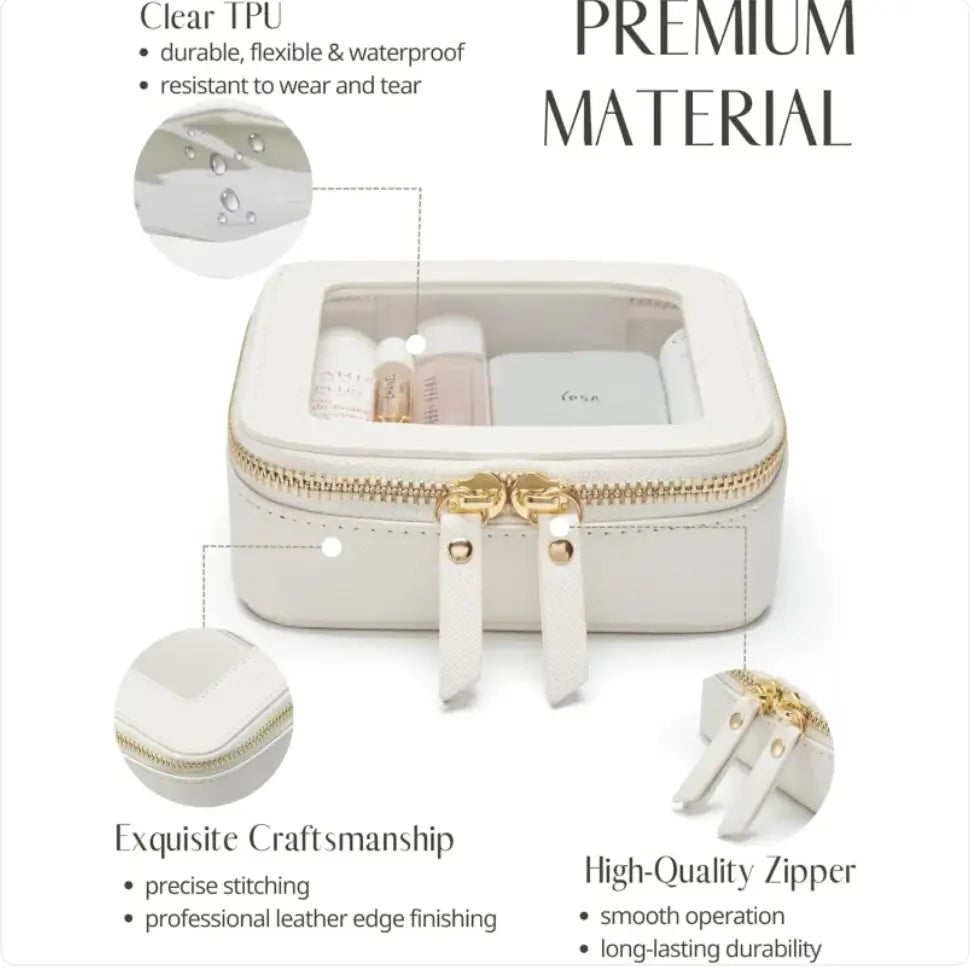 White portable mini organizer bag with gold accents on a white background, featuring text about its material and features.