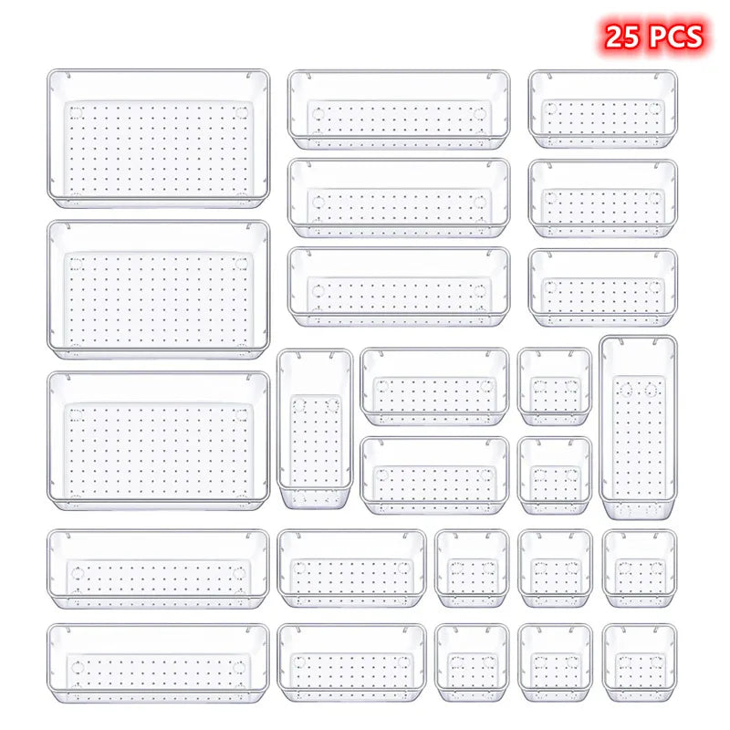 Set of 25 clear plastic trays with holes on a white background
