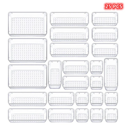 Set of 25 clear plastic trays with holes on a white background