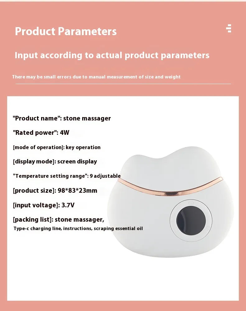 White stone massager with rose gold accents on a pink background, accompanied by product parameters.