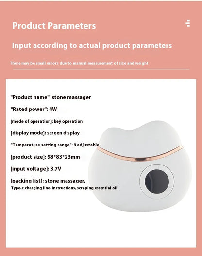 White stone massager with rose gold accents on a pink background, accompanied by product parameters.