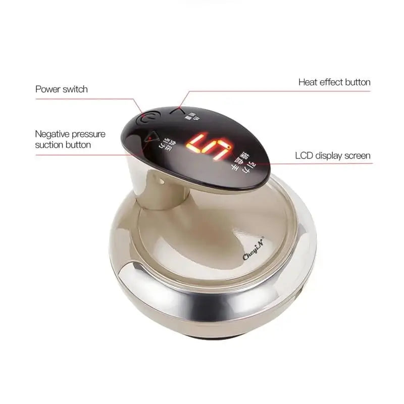 Electronic gua sha massager device with labeled buttons on a white background