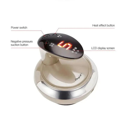 Electronic gua sha massager device with labeled buttons on a white background