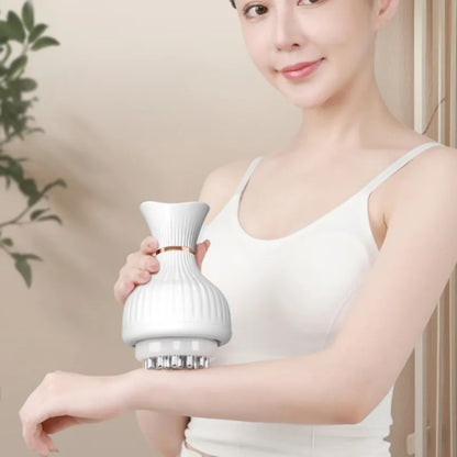 Woman holding a white electronic device against a neutral background