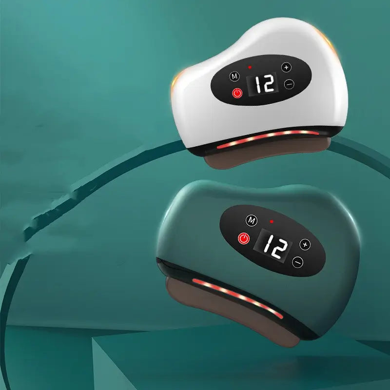 Two electronic gua sha devices with digital displays on a teal background