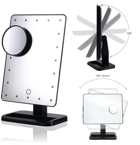Makeup mirror with LED lights and 180-degree swivel feature on a white background