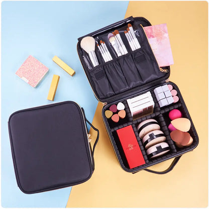 Makeup case with brushes, lipsticks, and other items on a colorful background