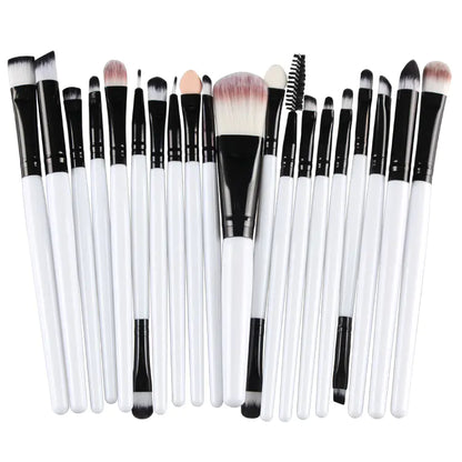 Set of 20 makeup brushes with black and white handles on a white background