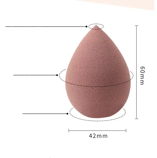 Pink makeup sponge with dimensions labeled on a white background