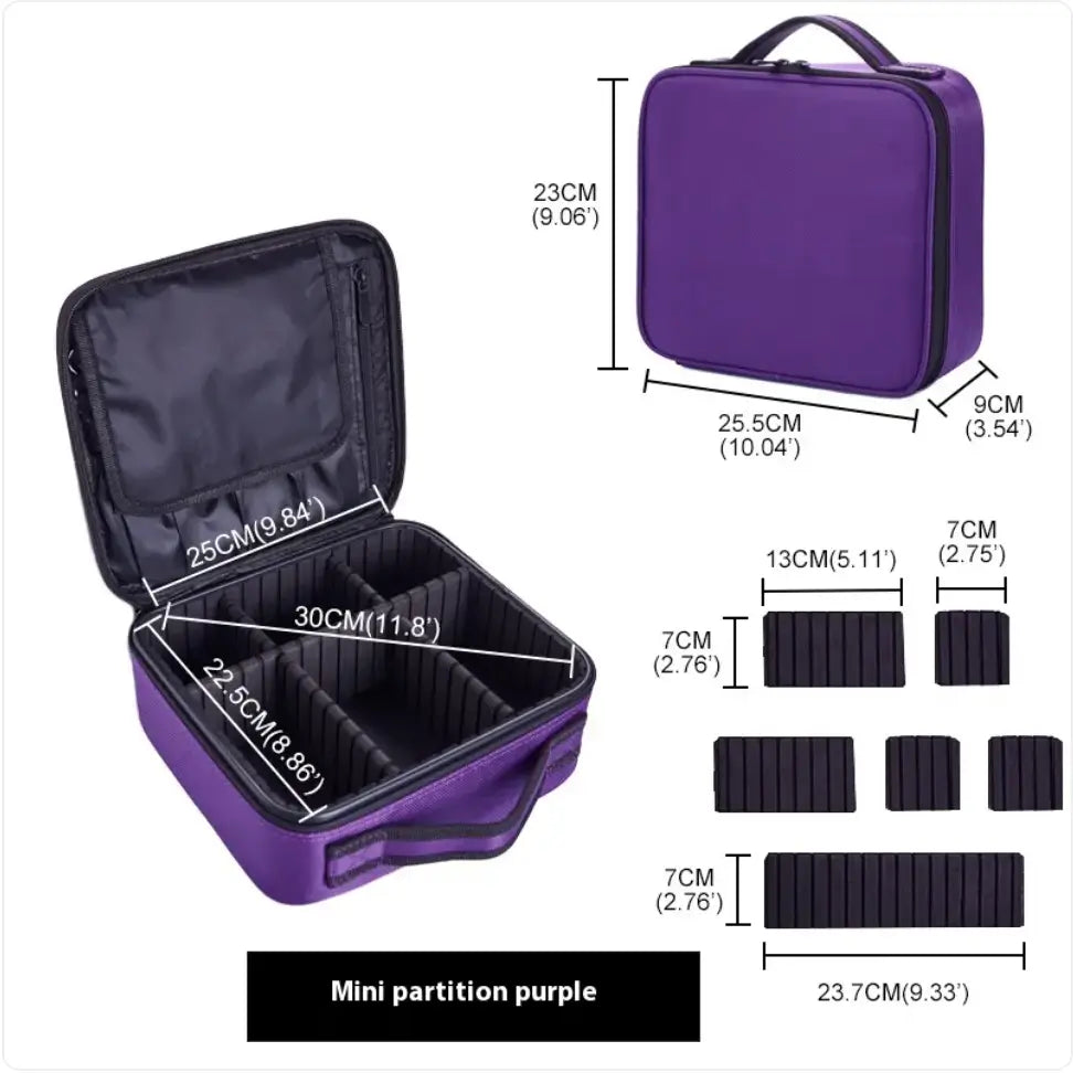 Purple travel case with open lid, dimensions, and partition pieces displayed on a white background