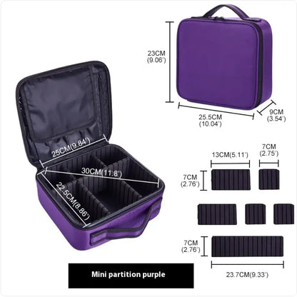 Purple travel case with open lid, dimensions, and partition pieces displayed on a white background