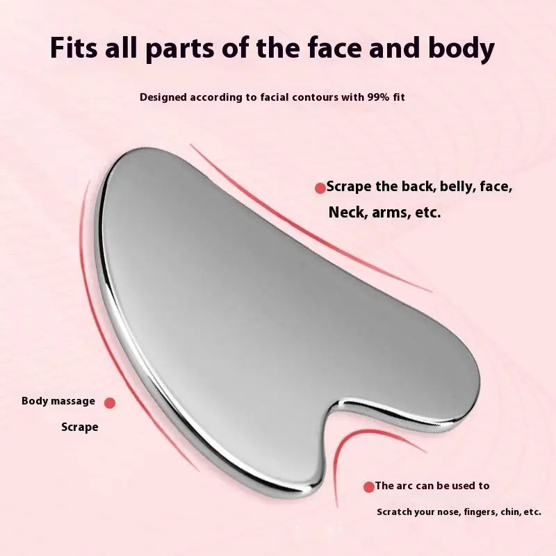 Gua Sha tool on a pink background with text describing its uses.