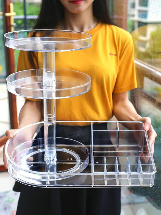 Clear acrylic cosmetics organizer with a person wearing a yellow shirt in the background