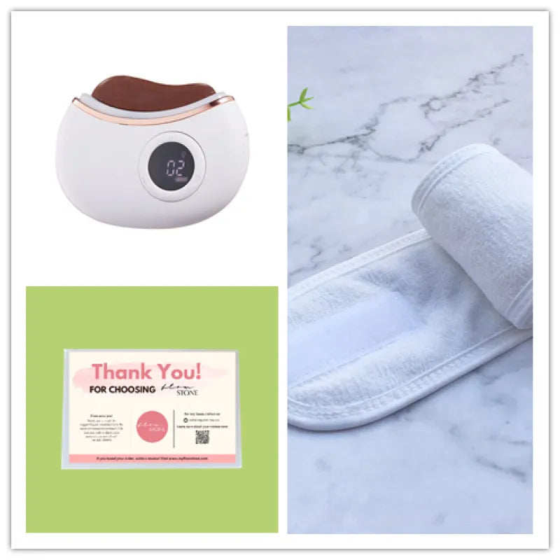 White electronic device with brown top, digital display, and green card with 'Thank You!' message on marble background.