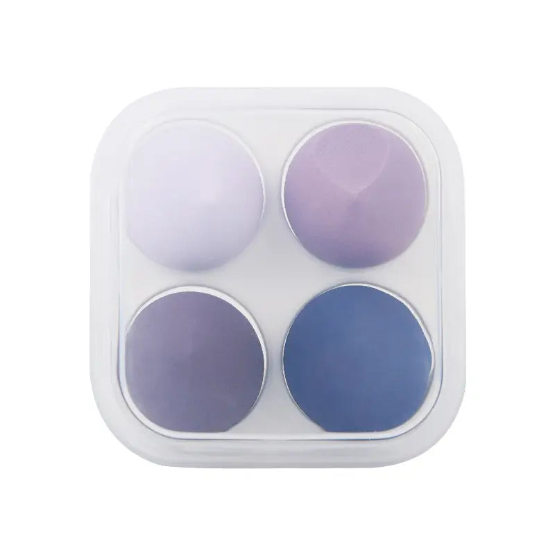 Four round purple and blue items in a white container on a white background